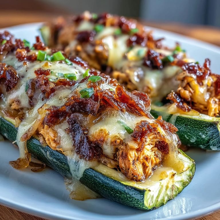 Tender zucchini boats loaded with shredded BBQ chicken, topped with gooey cheddar cheese and a sprinkle of fresh herbs.  