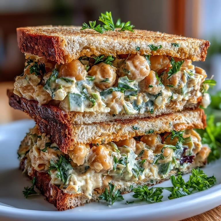 Protein-packed vegan chickpea salad sandwich with crunchy vegetables and zesty dressing, perfect for a quick lunch.  