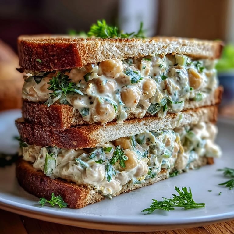 Wholesome chickpea salad sandwich filled with mashed chickpeas, parsley, and creamy vegan mayo, served chilled on toasted bread.