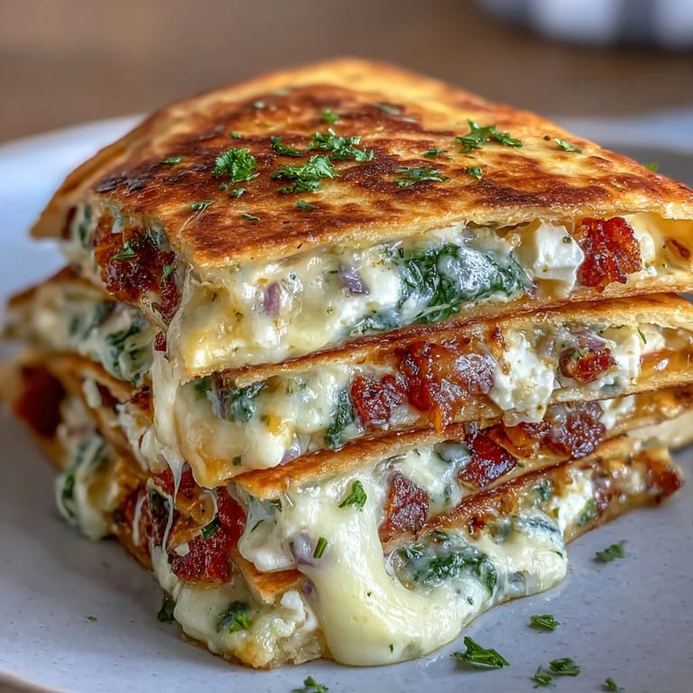 Warm flour tortilla folded over creamy spinach, tangy feta, and mozzarella, with red onion and herbs for fresh Mediterranean flavor.  