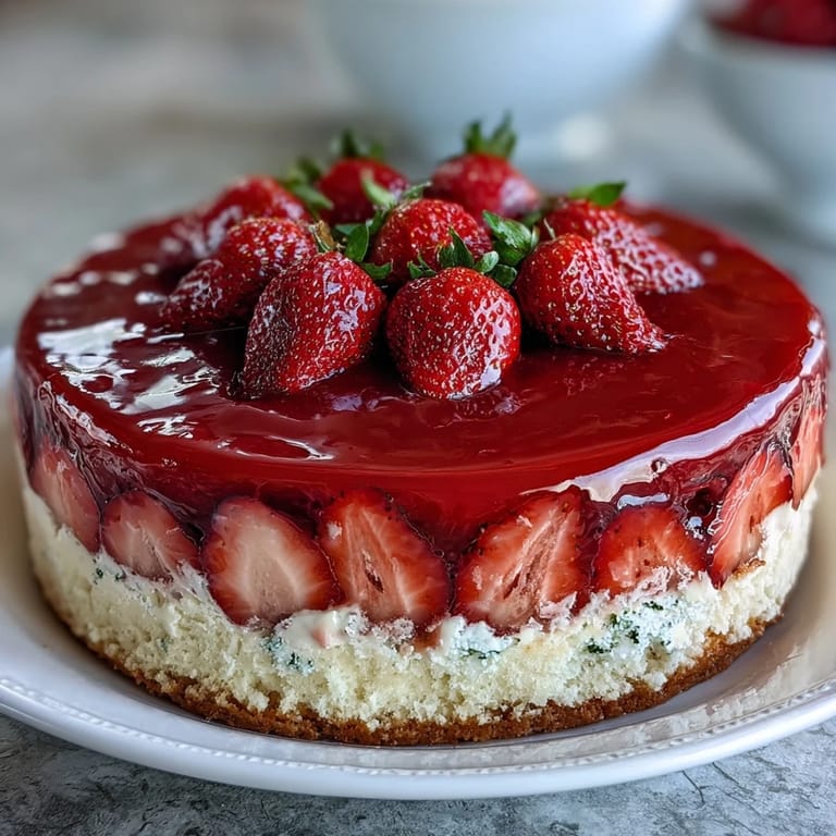 Light and airy strawberry mousse cake layered with sponge and topped with fresh berries