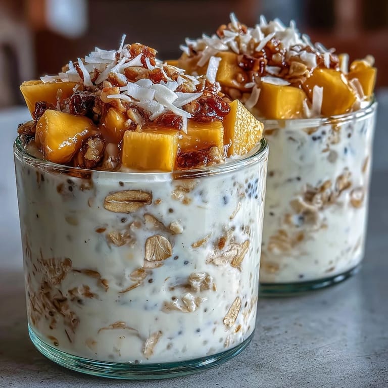 A vibrant jar of overnight oats with diced mango, shredded coconut, and a drizzle of honey for added sweetness.  