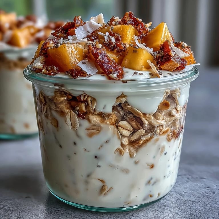 Tropical overnight oats layered with juicy mango chunks, crunchy almonds, and coconut flakes in a glass jar.