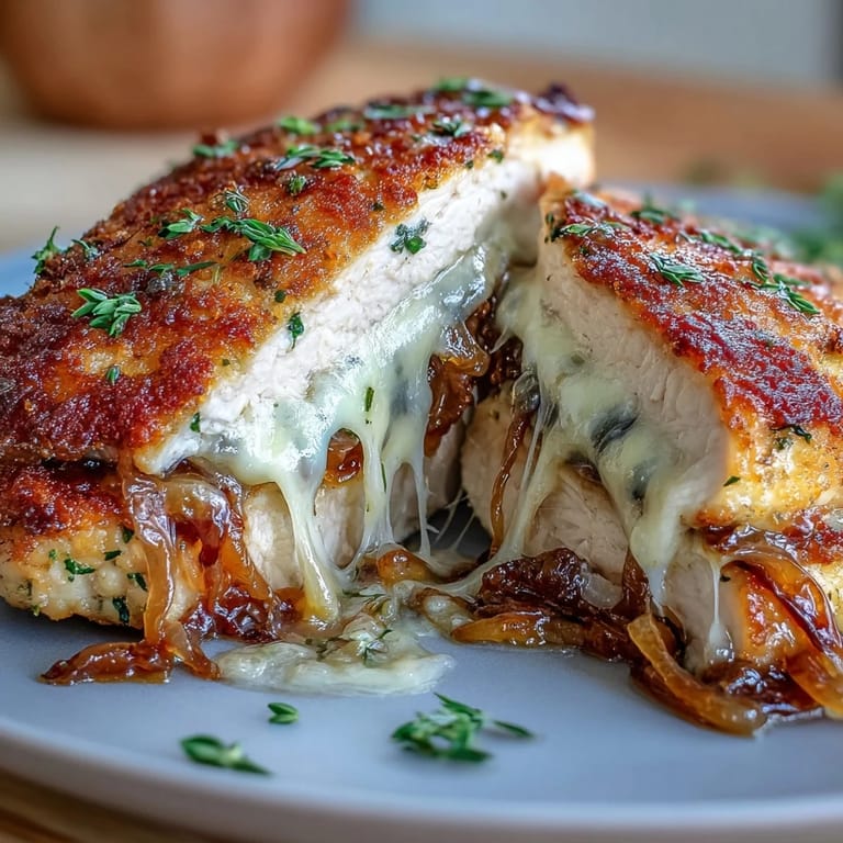 Juicy stuffed chicken breasts oozing with melted Gruyère and tender caramelized onions, inspired by classic French onion soup flavors.