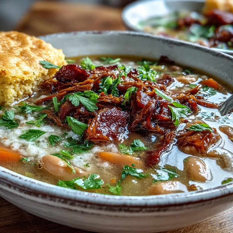 Rich and creamy ham hock and bean soup topped with fresh parsley, served with a slice of soft, golden cornbread.