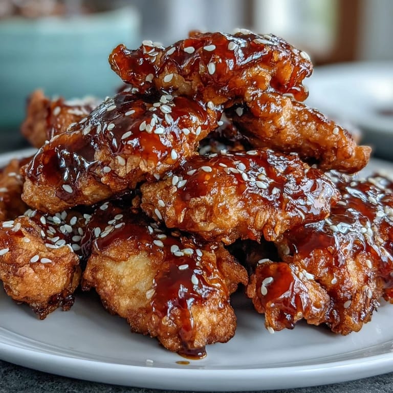 Golden-brown chicken pieces coated in a sticky gochujang glaze, served with a sprinkle of toasted sesame seeds.  