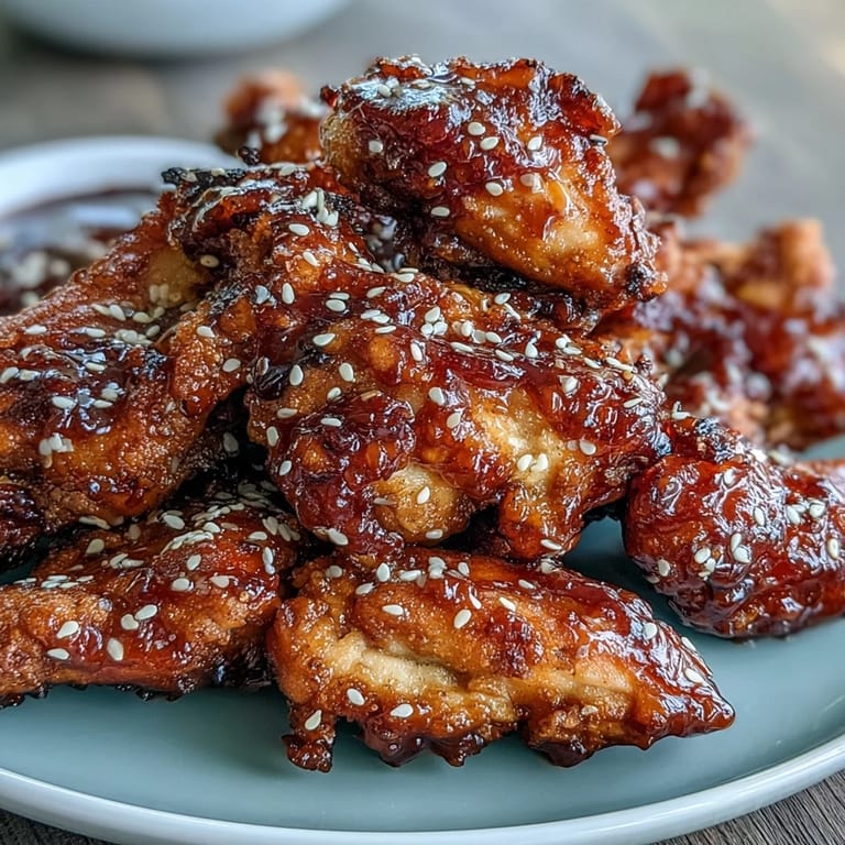 Juicy chicken bites air-fried until crisp and tossed in a fiery gochujang glaze for a Korean-inspired dish.