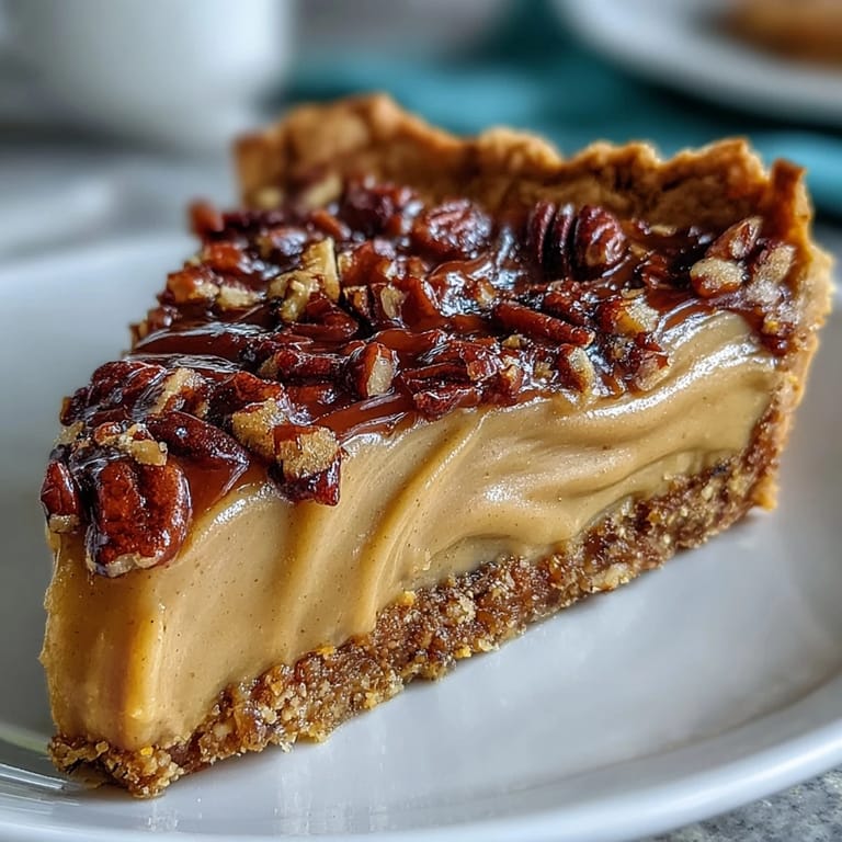 Velvety candied yams pie topped with toasted pecans, served on a rustic plate for a cozy presentation.
