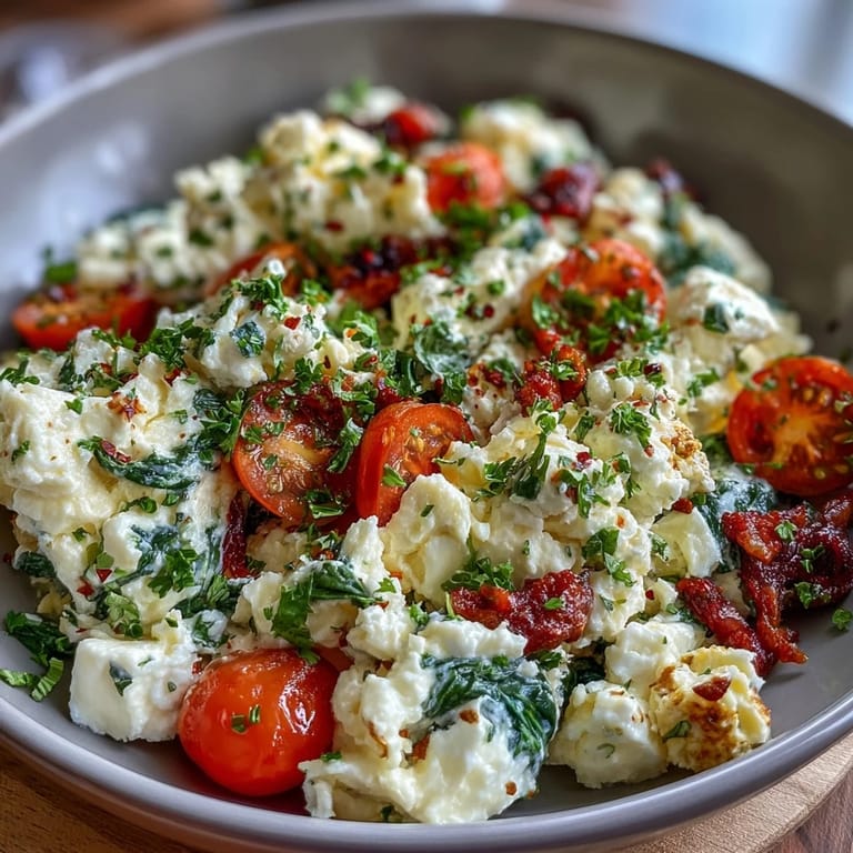 Protein-rich cottage cheese egg scramble with tender veggies, seasoned with herbs and served hot.
