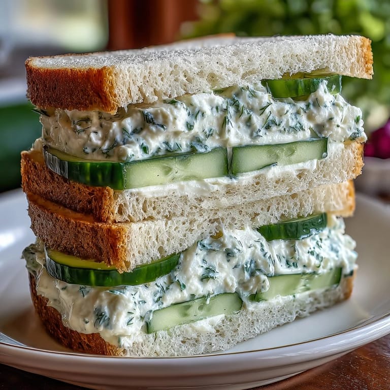 Delicate cucumber tea sandwiches featuring tangy herbed cream cheese spread, ideal for bridal showers, garden parties, or Mother's Day brunch.