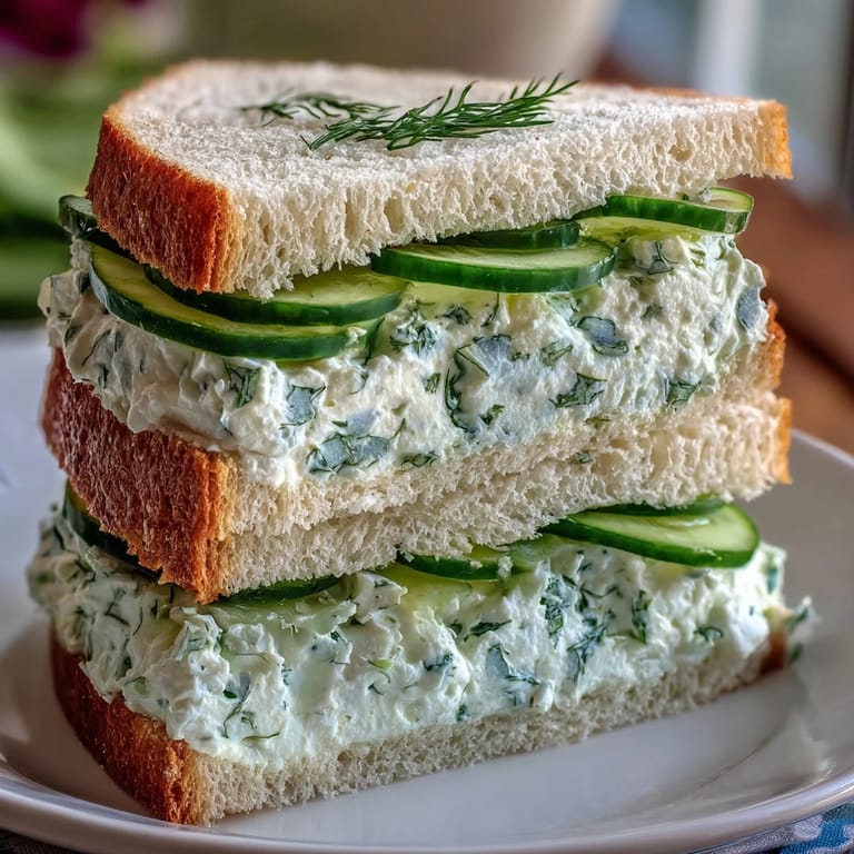 Soft white bread layered with fresh cucumber slices and creamy herbed cream cheese, creating classic finger sandwiches for special occasions.