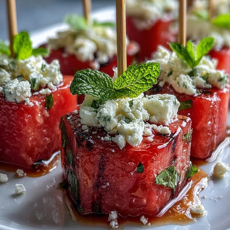 Easy-to-make watermelon feta skewers with fresh mint, perfect for light summer entertaining or party platters.