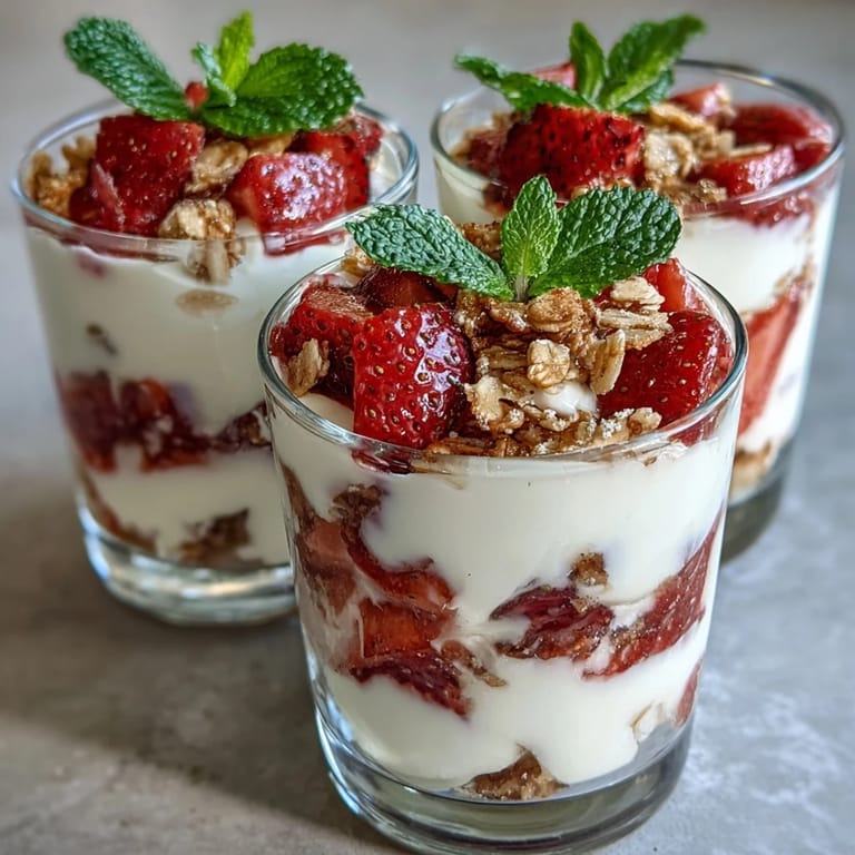 Elegant mini strawberry yogurt parfaits served in shot glasses, featuring sweet strawberries, honey-sweetened yogurt, and a crunchy granola topping for perfect party treats.