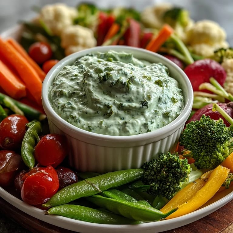 Colorful fresh vegetables arranged around creamy Green Goddess dip, ideal for healthy snacking.  