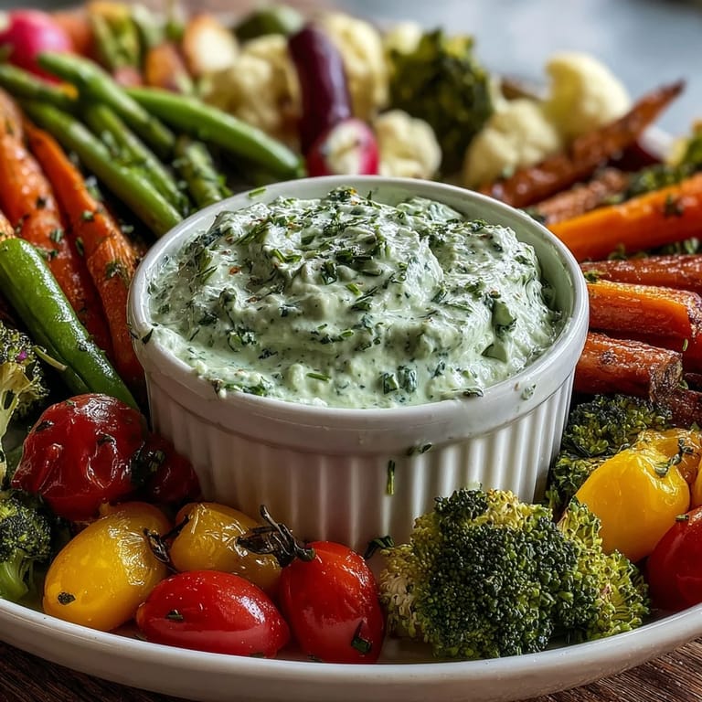 Kid-friendly Little Sprout Veggie Platter featuring crunchy vegetables and herb-packed Green Goddess dip.