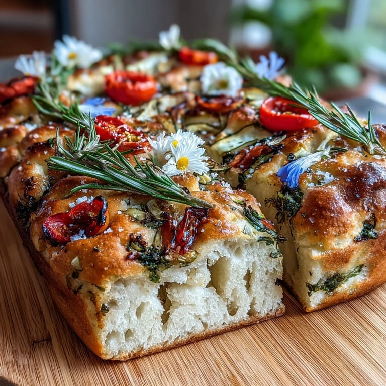 This stunning Baby in Bloom focaccia showcases colorful edible flowers and garden-fresh vegetables artfully arranged on golden, herb-infused bread for spring celebrations.