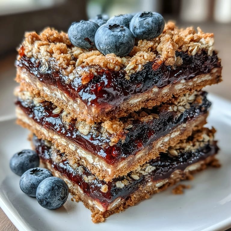 Homemade blueberry oat breakfast bars packed with wholesome oats, ideal for a quick, satisfying morning treat.