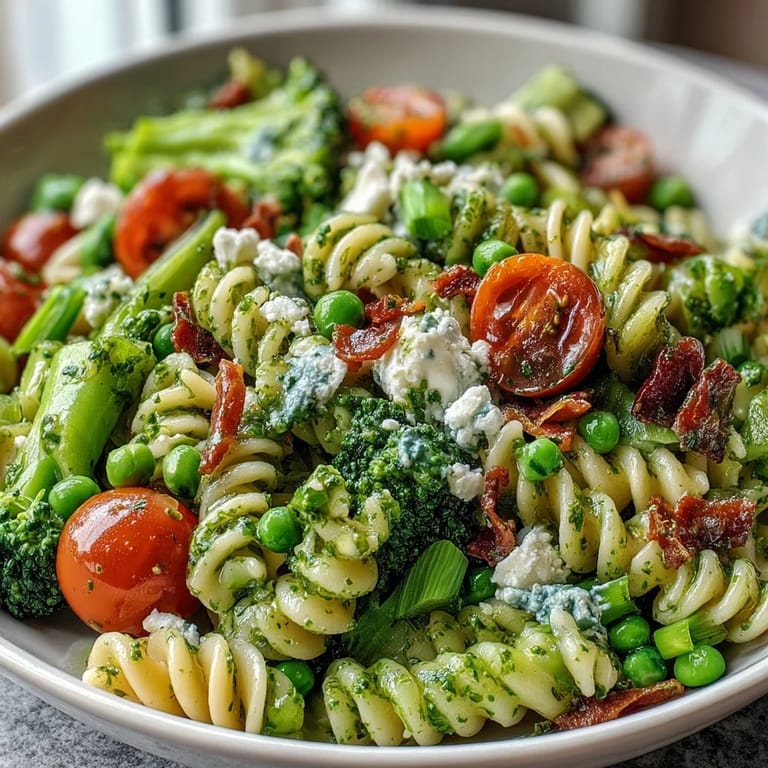 Bright and colorful pasta salad featuring tender broccoli, sweet peas, and cherry tomatoes, perfect for picnics or light lunches.  