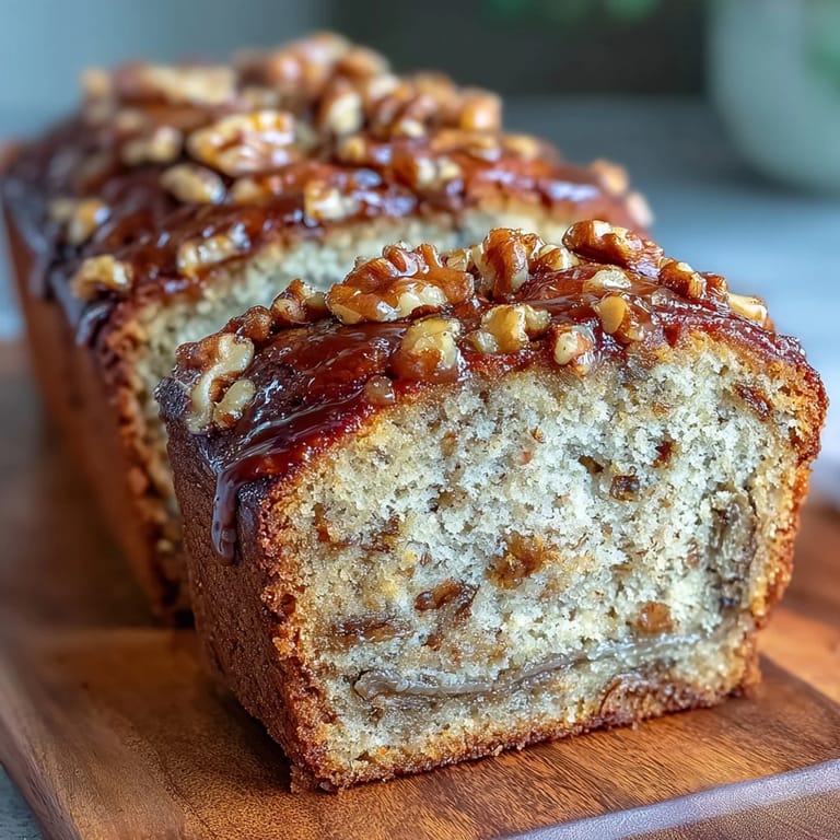Sliced sourdough discard banana nut bread revealing tender crumb and caramelized brown sugar crust.