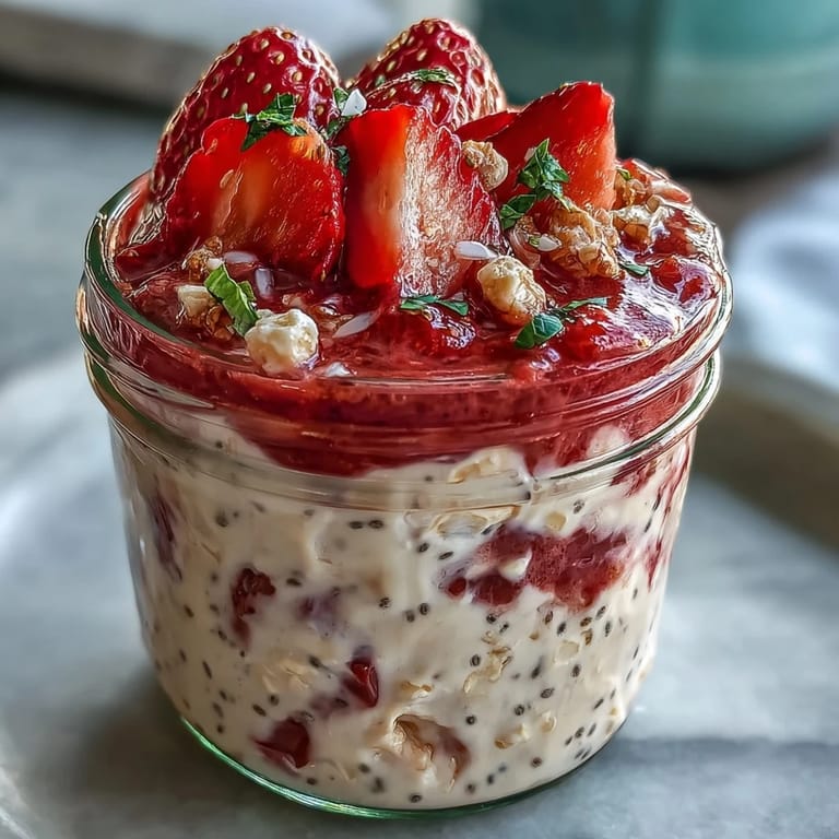 Bright and tangy Strawberry Lemonade Overnight Oats with Zest and Poppy Seeds, garnished with sliced strawberries and a sprinkle of poppy seeds.