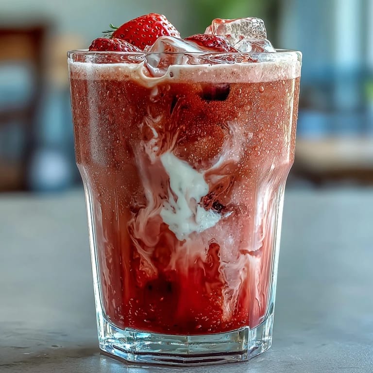 Beautiful layered iced matcha latte with sweet strawberry puree, vanilla cream, and green tea, garnished with fresh strawberry slices.