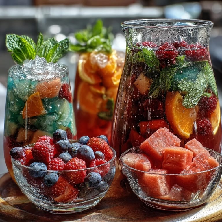 Guests mix their own refreshing lemonade with fresh strawberries, blueberries, mint, and rosemary at a vibrant summer party bar.