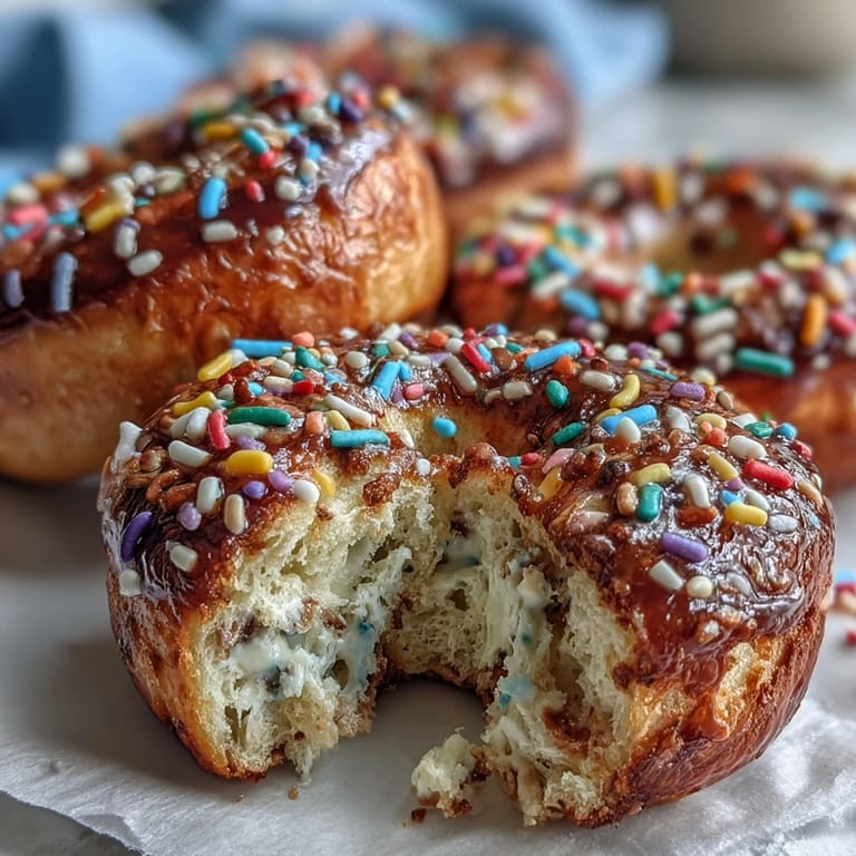 High-protein birthday cake flavored bagels topped with vibrant sprinkles, ideal for a fun and nutritious morning treat.