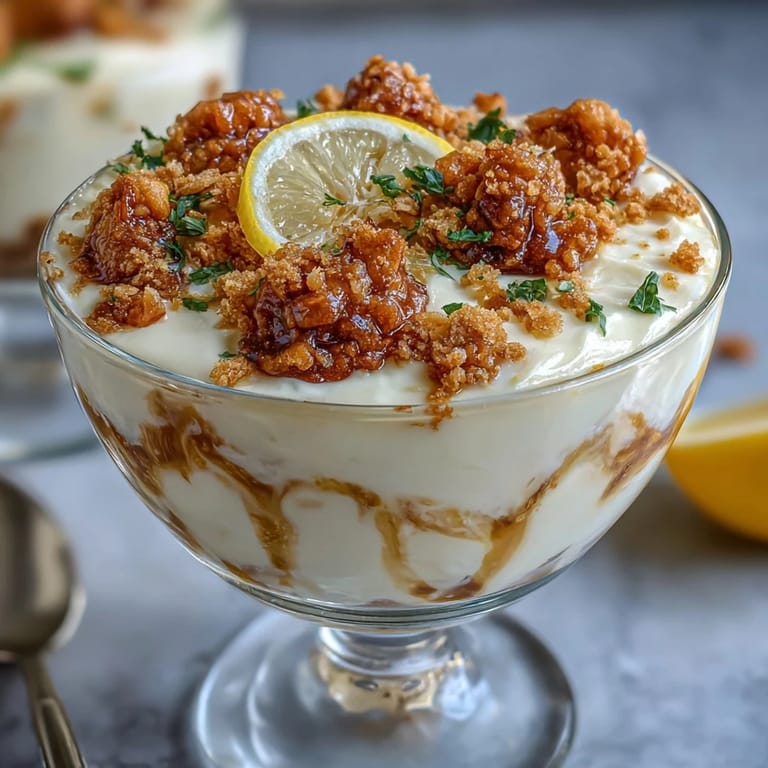 A refreshing dessert featuring bright lemon curd, velvety Greek yogurt, and golden sourdough crumb topping in elegant parfait glasses.  