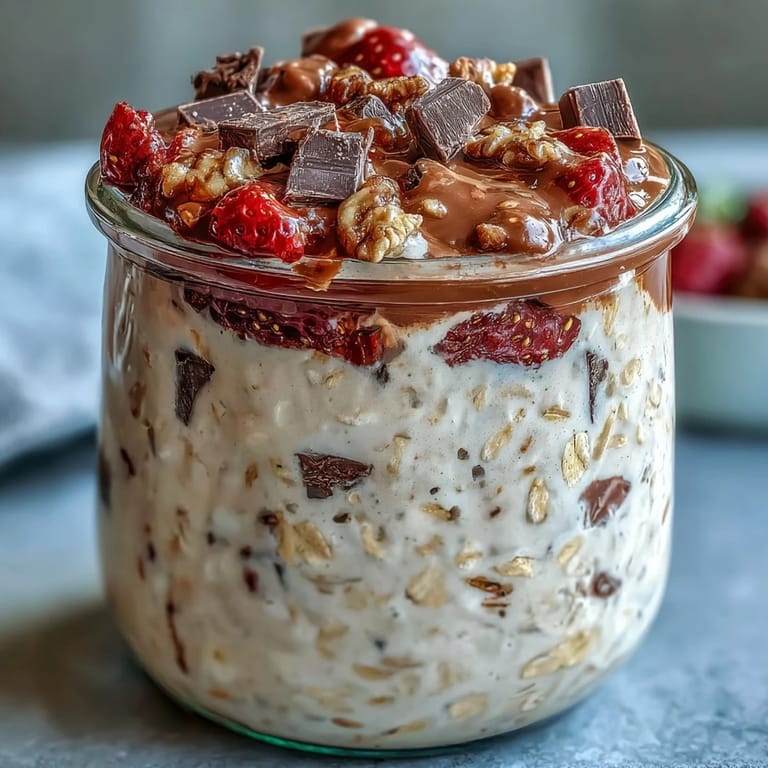 Decadent overnight oats jar featuring layers of strawberry compote, rich chocolate chunks, and creamy Greek yogurt oats, perfect for a healthy dessert or breakfast.