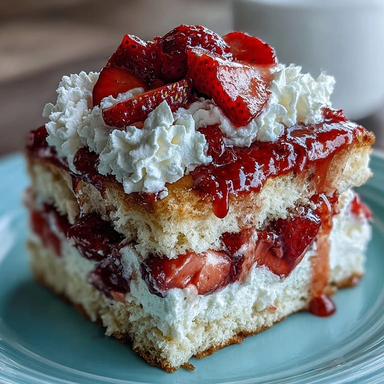 Golden biscuit shortcakes layered with juicy macerated strawberries and fluffy whipped cream.