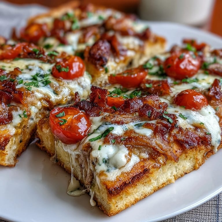 Kentucky Derby Hot Brown flatbread pizza loaded with turkey, bacon, tomatoes, and melted cheese, perfect for a Southern-inspired dinner.