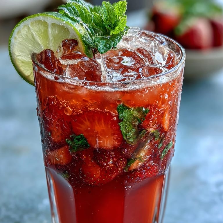 A refreshing glass of strawberry basil lemonade, blending sweet strawberries and aromatic basil for a thirst-quenching drink.