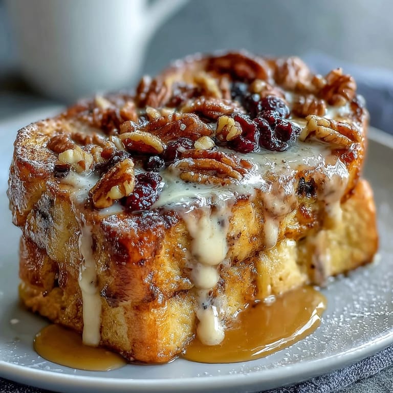 A slice of baked blueberry French toast with a dusting of powdered sugar, showcasing juicy berries and soft, custard-soaked bread.