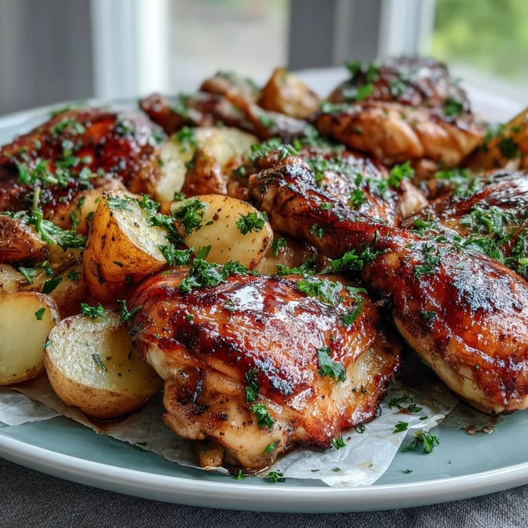 Golden sheet pan chicken drumsticks surrounded by tender potatoes and sweet carrots, all infused with garlic and smoked paprika for a comforting meal.