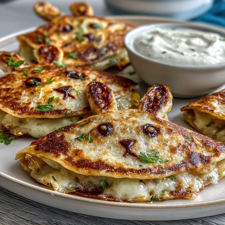 Golden-baked bunny quesadillas filled with melted cheddar and mozzarella, decorated with olive eyes and carrot noses.
