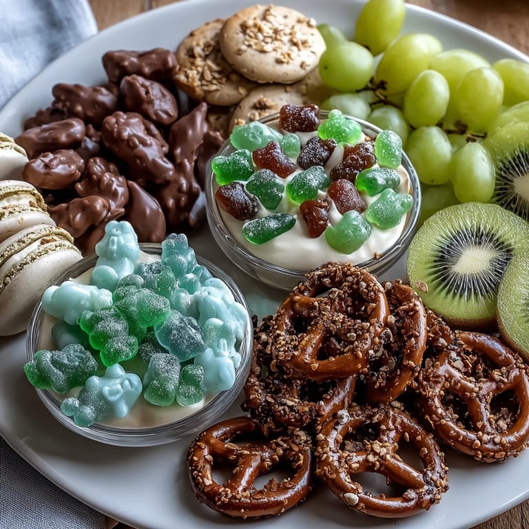 Vibrant green candy charcuterie spread with gummy bears, jelly beans, and chocolate gold coins perfect for St. Patrick's Day parties.