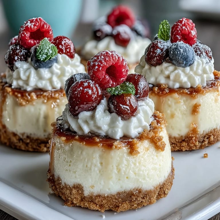 Delicate Housewarming Mini Cheesecakes topped with fresh berries and whipped cream, ideal for festive dessert spreads.