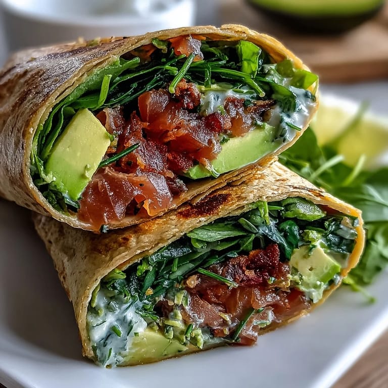Vibrant avocado tuna wraps with spinach and whole wheat tortillas, offering a fresh, easy, and satisfying seafood wrap.
