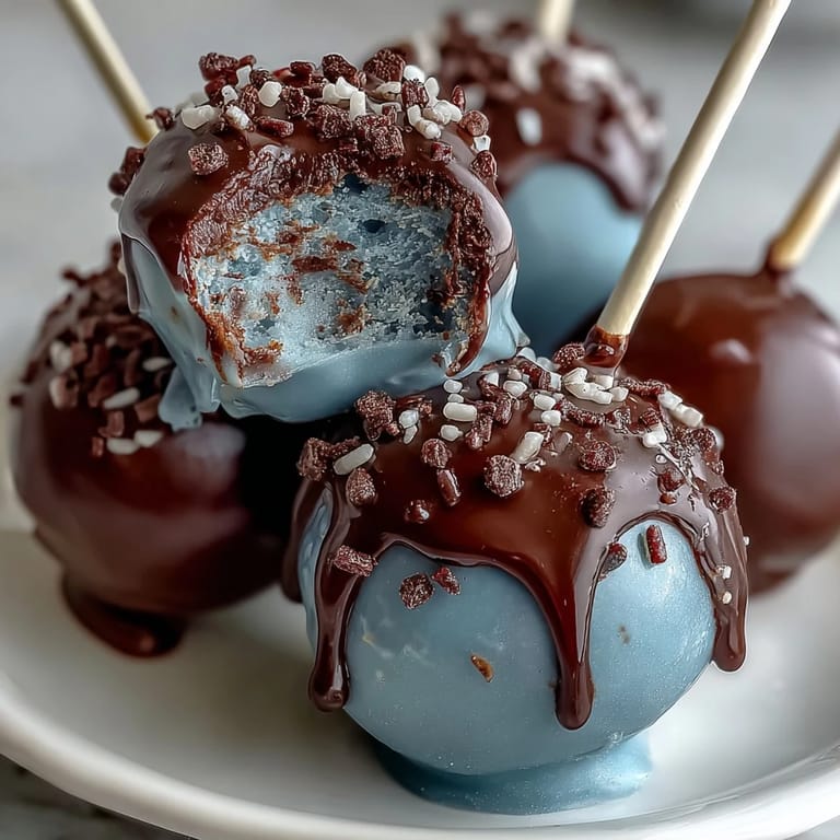 Bite-sized vanilla cake pops dipped in robins egg blue candy coating, featuring a delicate speckled design for an eye-catching treat.  