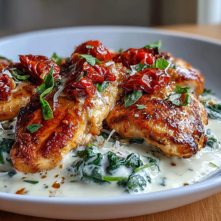 Tender chicken breasts simmered in a velvety Tuscan cream sauce with sun-dried tomatoes and fresh spinach.