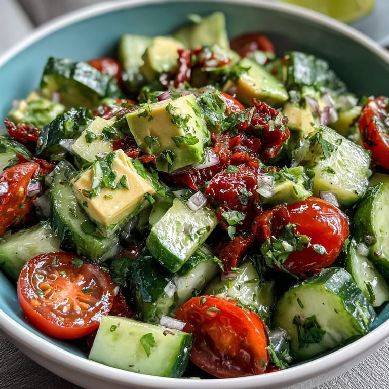 Bright and refreshing salad of diced cucumbers, tomatoes, and avocado, tossed with tangy lemon vinaigrette.