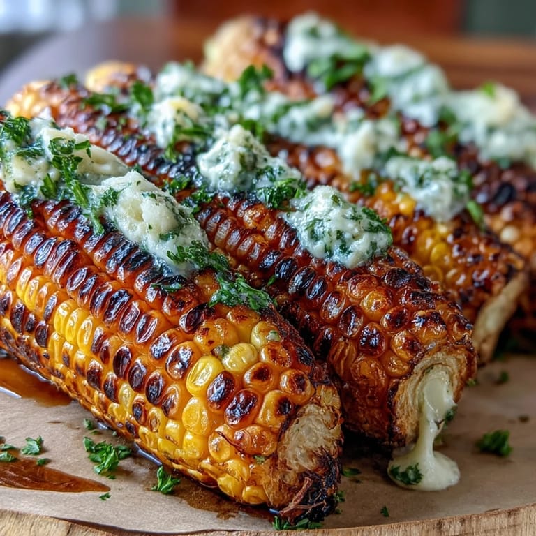 Herb butter-slathered BBQ corn in foil, bursting with fresh parsley, chives, and thyme, charred to perfection on the grill.