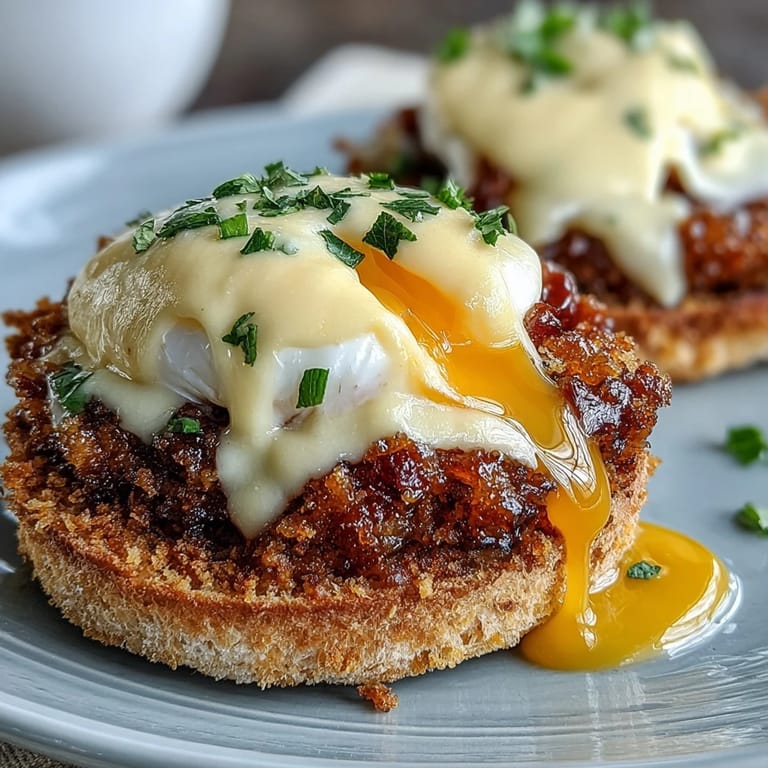 Elegant brunch plate featuring Canadian bacon, perfectly poached eggs, and rich hollandaise atop warm English muffins—a timeless breakfast favorite.