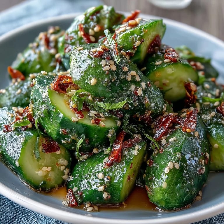 This smashed cucumber salad with garlic chili oil is a refreshing, spicy side dish with toasted sesame and fresh herbs.