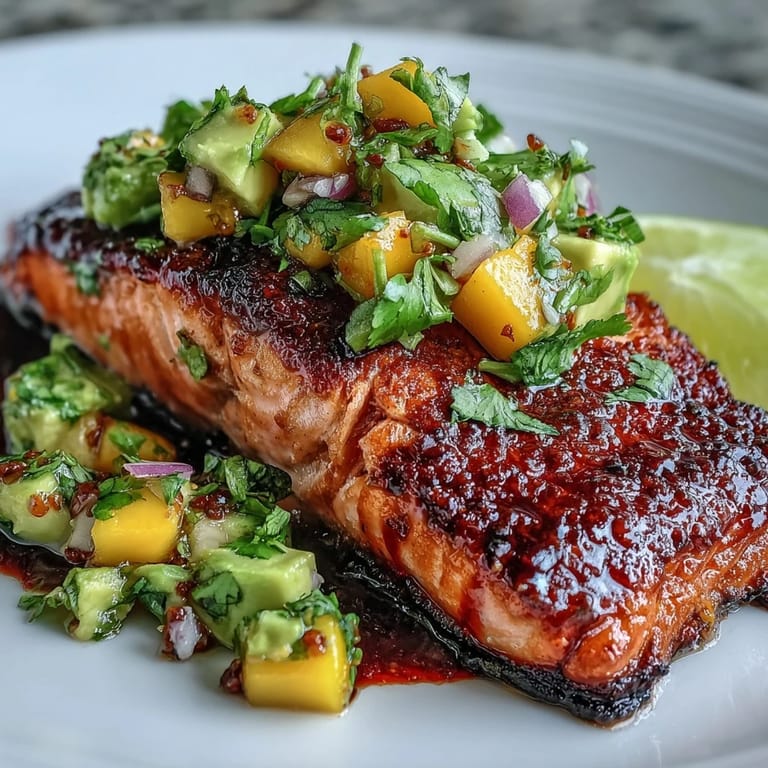 Juicy baked salmon fillets paired with zesty mango avocado salsa for a healthy, colorful meal.  