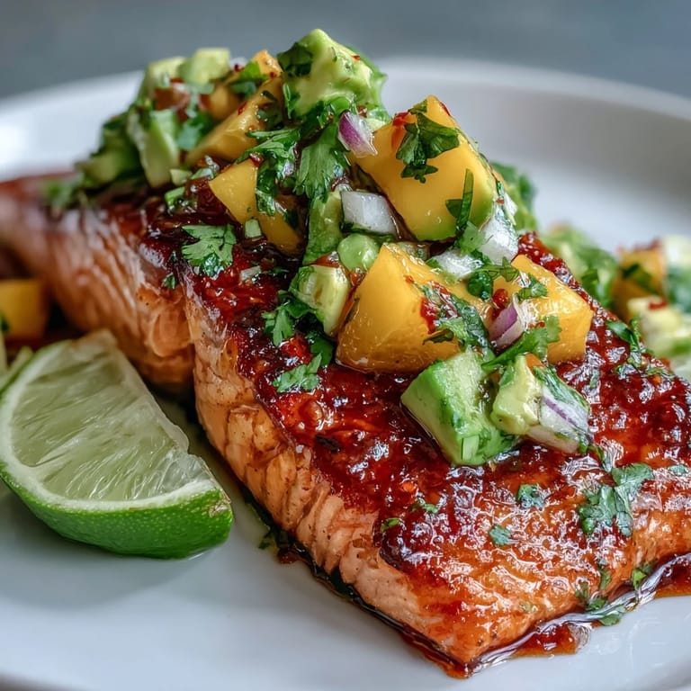 Oven-baked salmon served with fresh mango avocado salsa, a perfect gluten-free dinner option.