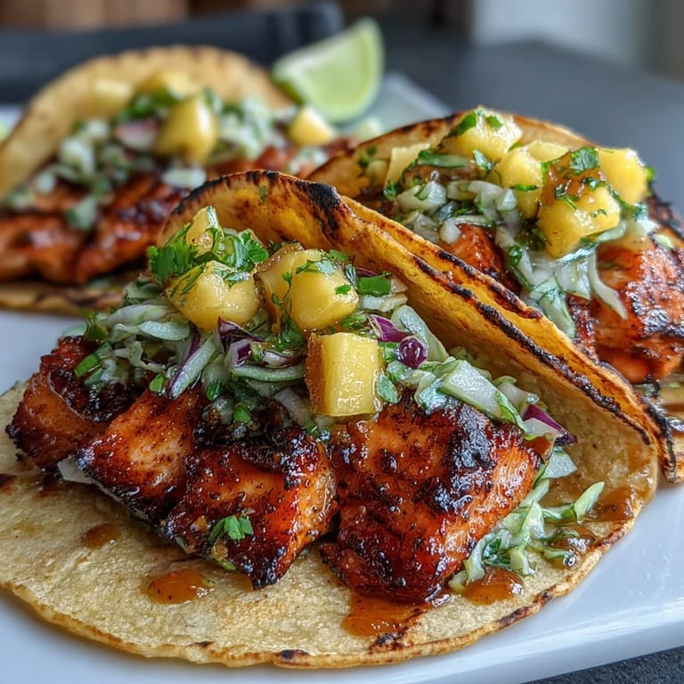 Delicious grilled salmon tacos topped with zesty mango salsa and crisp cabbage.  