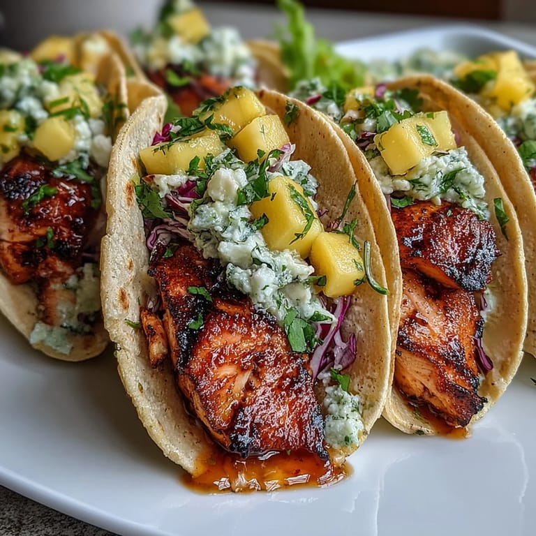 Colorful grilled salmon tacos with mango salsa, perfect for a light and healthy meal.