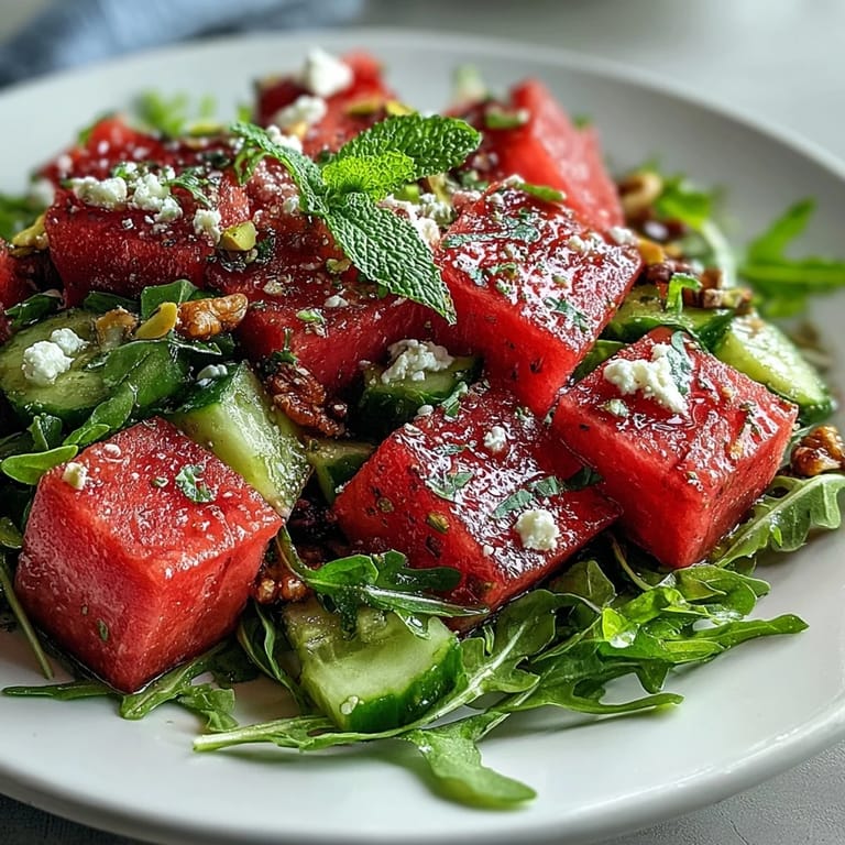 Colorful bowl of Watermelon and Arugula Salad, featuring juicy fruit, peppery greens, and crunchy nuts, drizzled with tangy lime vinaigrette.
