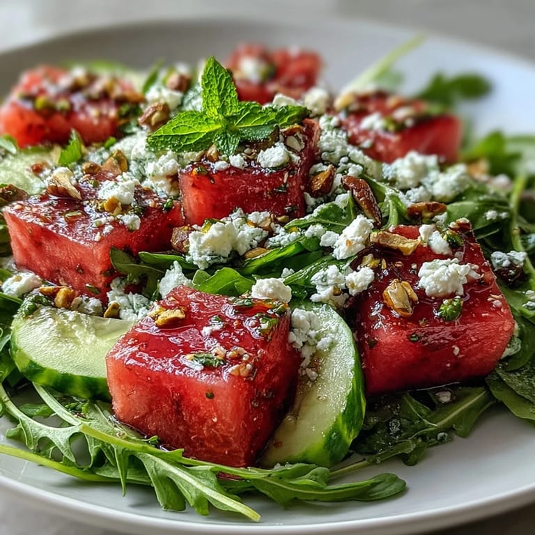 Refreshing Watermelon and Arugula Salad with ripe melon, crisp arugula, crumbled feta, and roasted pistachios, served in a large white bowl.
